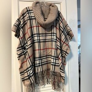Cowl neck  Plaid pull over sweater jacket w/fringe